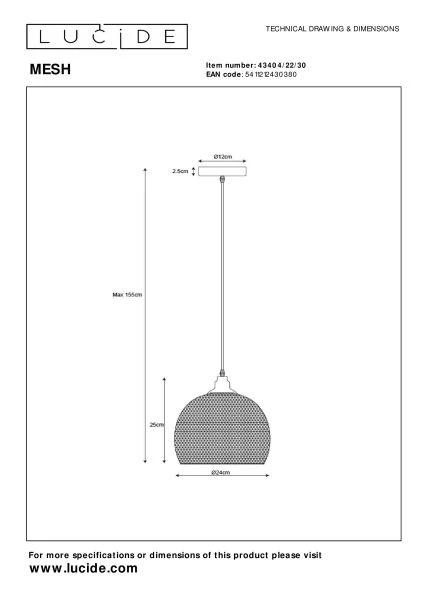 Lucide MESH - Lámpara colgante - Ø 22 cm - 1xE27 - Negro - técnico